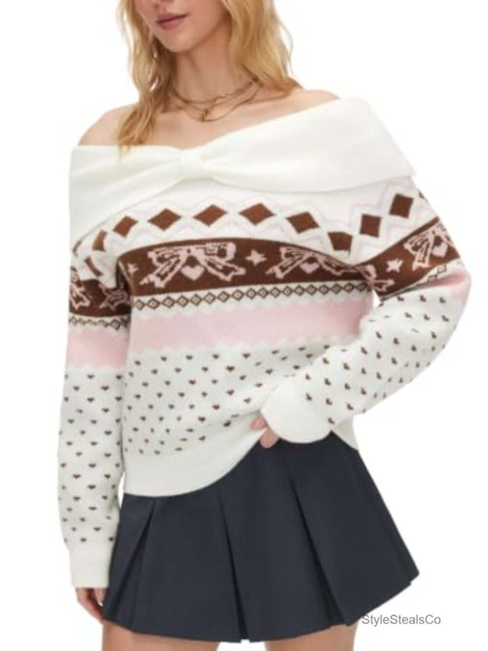 Off Shoulder Fair Isle Sweater Bow Collar Knit Pullover